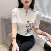 时尚泡泡袖T恤女短袖夏装设计感中国风立领上衣洋气百搭半袖小衫