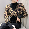 豹纹撞色半高领上衣设计感蝙蝠袖t恤女长袖，洋气修身内搭性感小衫