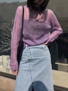 2021马海毛毛衣女，宽松套头慵懒风，紫色薄款镂空羊毛针织衫罩衫