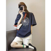 韩国藏蓝色短袖t恤女装2024夏季美式复古宽松显瘦设计感半袖