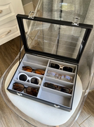 高级透明玻璃盖眼镜收纳盒黑色皮质绒布多格大容量太阳墨镜展示架