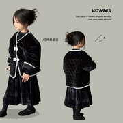 女童韩版小香风加绒外套，2023冬装加厚保暖棉衣，儿童冬季丝绒裙套装