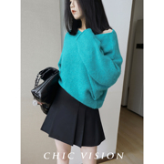 chicvision定制时髦一字领可斜肩设计慵懒宽松蝙蝠袖毛衣针织衫