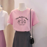 粉色兔子圆领短袖t恤女2024夏季东大门宽松减龄上衣纯棉体恤