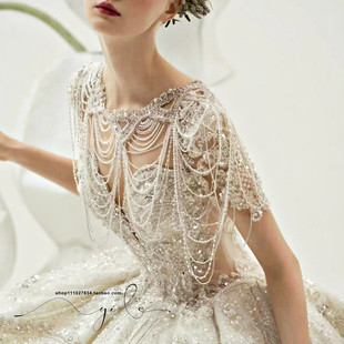 奢华重手工串珍珠水钻流苏，肩链高级感欧美新娘婚纱礼服披肩装饰品
