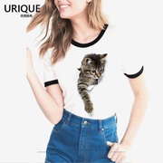 3d立体逼真萌猫咪图案，印花莫代尔t恤女修身款，短袖可爱动物甜美t恤