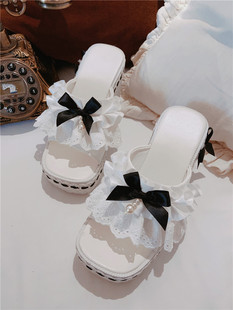 原创设计甜美蕾丝花边一字，坡跟外穿凉拖白色仙女蝴蝶结气质lo鞋