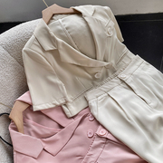 粉色小清新短袖西装领上衣直筒雪纺休闲裤套装时尚休闲洋气G$10
