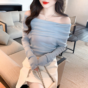 韩版搭配修身气质露肩一字肩上衣女蓝色羊毛针织衫
