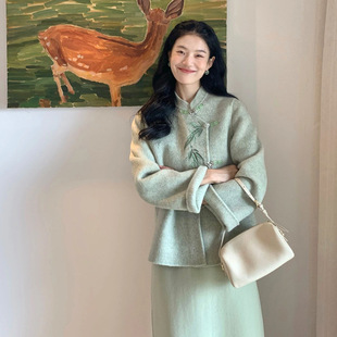 新中式国风绿色盘扣外套半身裙套装女秋冬季茶系穿搭一整套两件套