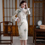 新中式旗袍冬季中长款国风汉服长袖加绒加厚两件套复古显瘦连衣裙