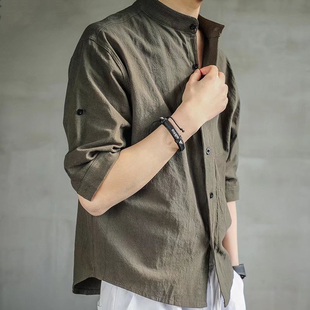 七分袖衬衫男夏季韩版潮流，立领帅气亚麻短袖衬衣中袖棉麻寸衫男士