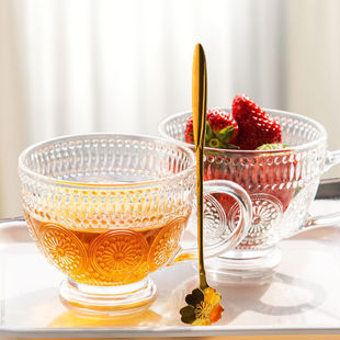 太阳花玻璃早餐杯复古浮雕燕麦牛奶杯家用大容量带把勺高颜值杯子
