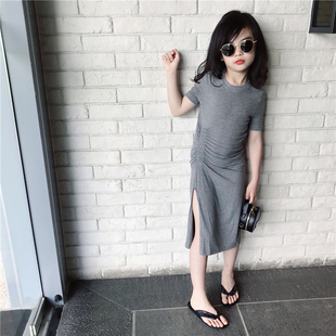 女童时髦连衣裙夏季韩国版儿童，时尚开叉不规则短袖修身弹力棉裙子