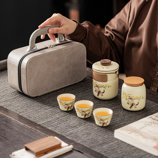 萌猫汝窑米黄旅行茶具功夫，茶杯户外泡茶壶，茶具套装定制快客杯