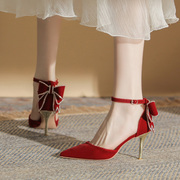 红色婚鞋2024年春季法式蝴蝶结，高跟鞋一字扣带尖头，单鞋女细跟