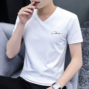高品质薄款白色v领短袖t恤男士青年纯棉印花字母上衣韩版体恤打底