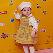 韩国littletini春女宝宝纯棉，长袖t恤格子，洋气背带裙套装