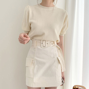 韩国chic温柔圆领冰丝泡泡，袖修身针织衫，+高腰直筒半身裙配腰带女