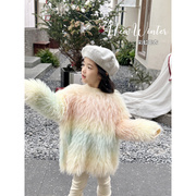 女童毛衣冬款2023冬季彩虹毛毛卫衣，韩版洋气针织衫超仙拜年服