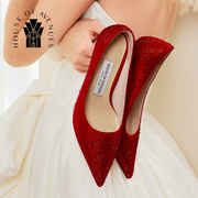 Houseofavenues2022年水晶高跟鞋真皮定制烫钻红色单鞋婚鞋女