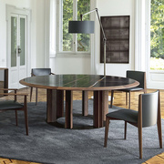北欧黑胡桃木大理石岩板餐桌椅组合圆形带转盘意式极简风格圆桌