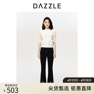 dazzle地素奥莱夏季法式小众田园风撞色镂空短袖，针织衫上衣女