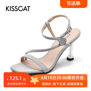 KISSCAT/接吻猫夏季时尚细跟水钻仙女风条带方头凉鞋女KA21314-11