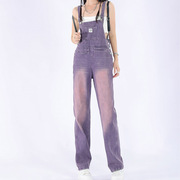 紫色牛仔裤背带裤女2024春夏设计感复古减龄宽松直筒阔腿连体裤子