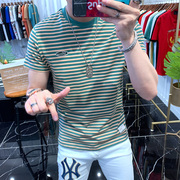 夏季绿色条纹t恤男短袖帅气纯棉，潮牌ins个性上衣修身时尚休闲圆领