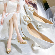 婚鞋女2024年新娘水晶粗跟鞋不累脚日常孕妇可穿秀禾婚纱两穿