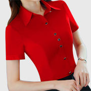 红色衬衫女2024夏季韩版短袖，时尚气质修身收腰工作服职业衬衣