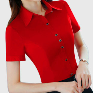 红色衬衫女2024夏季韩版短袖时尚，气质修身收腰工作服职业衬衣