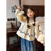 韩国春装女童泡泡袖纯棉衬衫儿童宽松款米白色森系娃娃衫长袖上衣