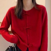 红色小香风毛衣开衫女春季设计感小众宽松蝴蝶结针织外套上衣