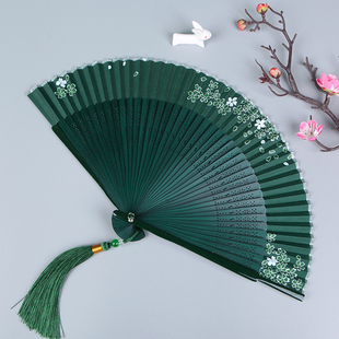 扇子夏天便携古风绿色折扇，女式随身古典中国风汉服旗袍折叠小扇子