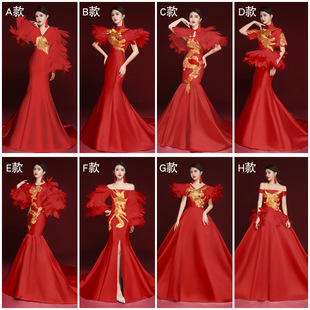 2023年中国风新娘红色，羽毛礼服演出服年会舞台，走秀长袖成人礼长裙