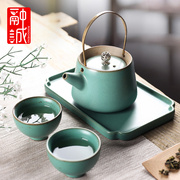 日式提梁壶茶具茶杯套装家用简约功夫茶具一壶两杯陶瓷茶壶茶盘