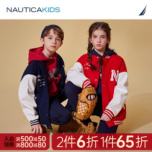 加厚nauticakids男童女童棒球，服秋冬季儿童毛呢皮袖夹克衫