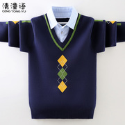 男童毛衣假两件套头秋冬款，2022儿童针织衫，打底线衣中大童加厚