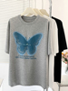 个性t恤女设计独特夏中长款大码宽松新中式，国风蝴蝶带钻圆领短袖