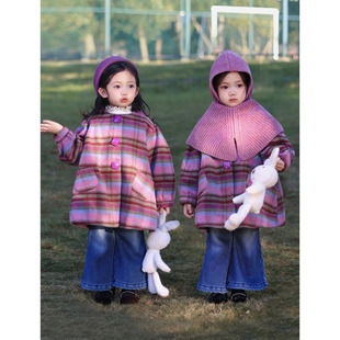 naixibaby|绝绝紫!冬女童，羊毛格纹大衣+100%美丽奴羊毛带帽围脖