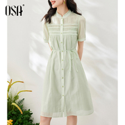 osa欧莎绿色天丝，立领短袖衬衫连衣裙女士，夏季2023年气质裙子