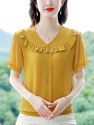黄色短袖雪纺衫女夏季2024妈妈时尚上衣，潮遮肚子减龄洋气小衫