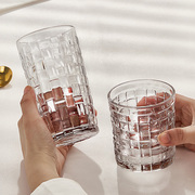 高级感浮雕玻璃杯家用透明喝水杯编藤杯子，好看的果汁饮料咖啡杯