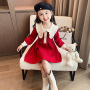女童连衣裙秋冬款2023儿童红色，裙子宝宝毛衣裙(毛，衣裙)新年衣服拜年服