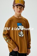 RM原创设计男女儿童日系纯棉黑白条纹卡通圆领长袖T恤打底衫