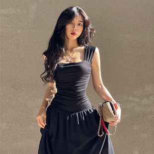 girlsat18法式宽肩带雪纺吊带连衣裙，女性感气质，裙子黑色收腰长裙