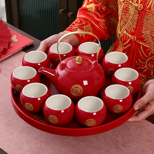 结婚庆敬茶杯中式订婚改口红色，新娘陪嫁托盘茶壶功夫茶具套装礼盒