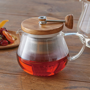 hario日式茶壶带过滤网玻璃泡，茶壶茶水分离养生茶具花茶壶木质盖